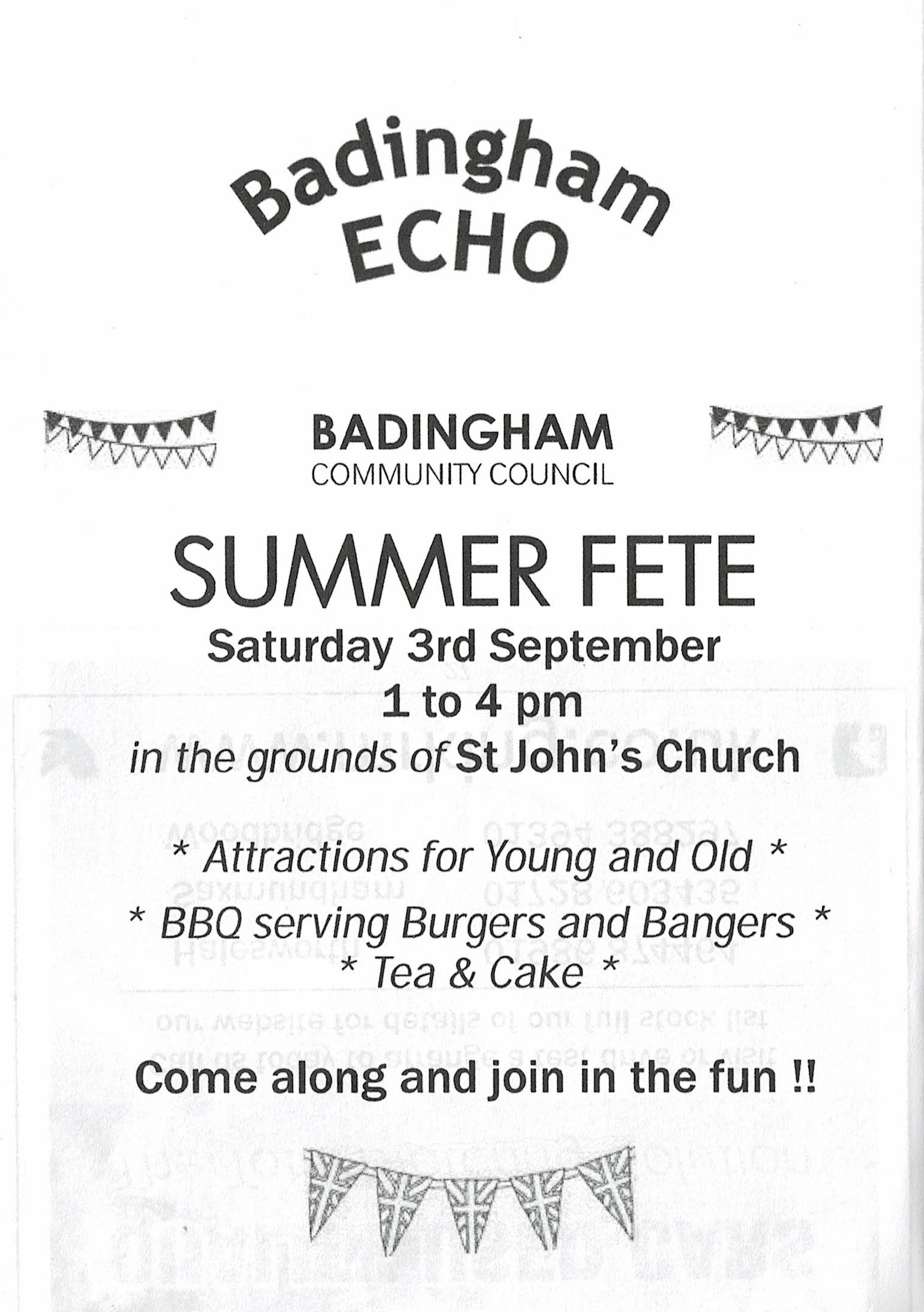 Advert for Badingham Village Fete 3 Sept 2022 from 1 - 4 pm